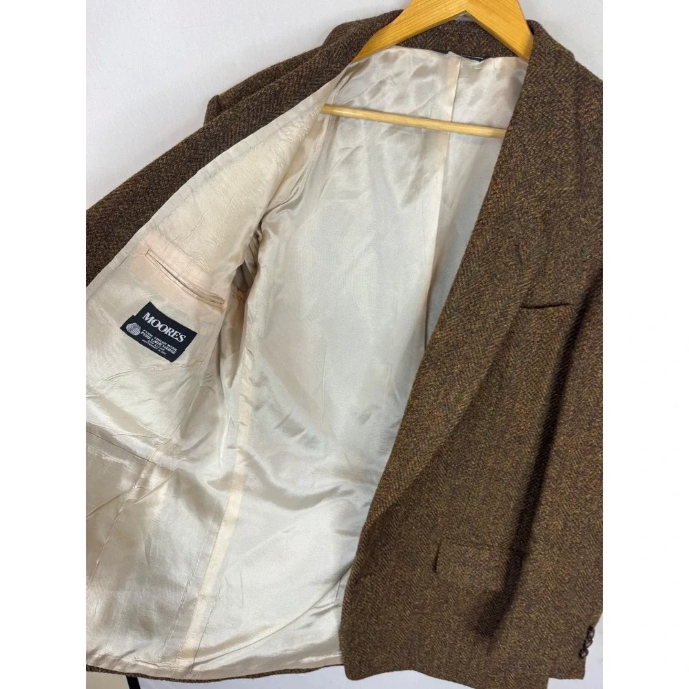 Harris Tweed Moores Mens 44 Reg Brown Herringbone Wool Blazer Sport Coat Vintage